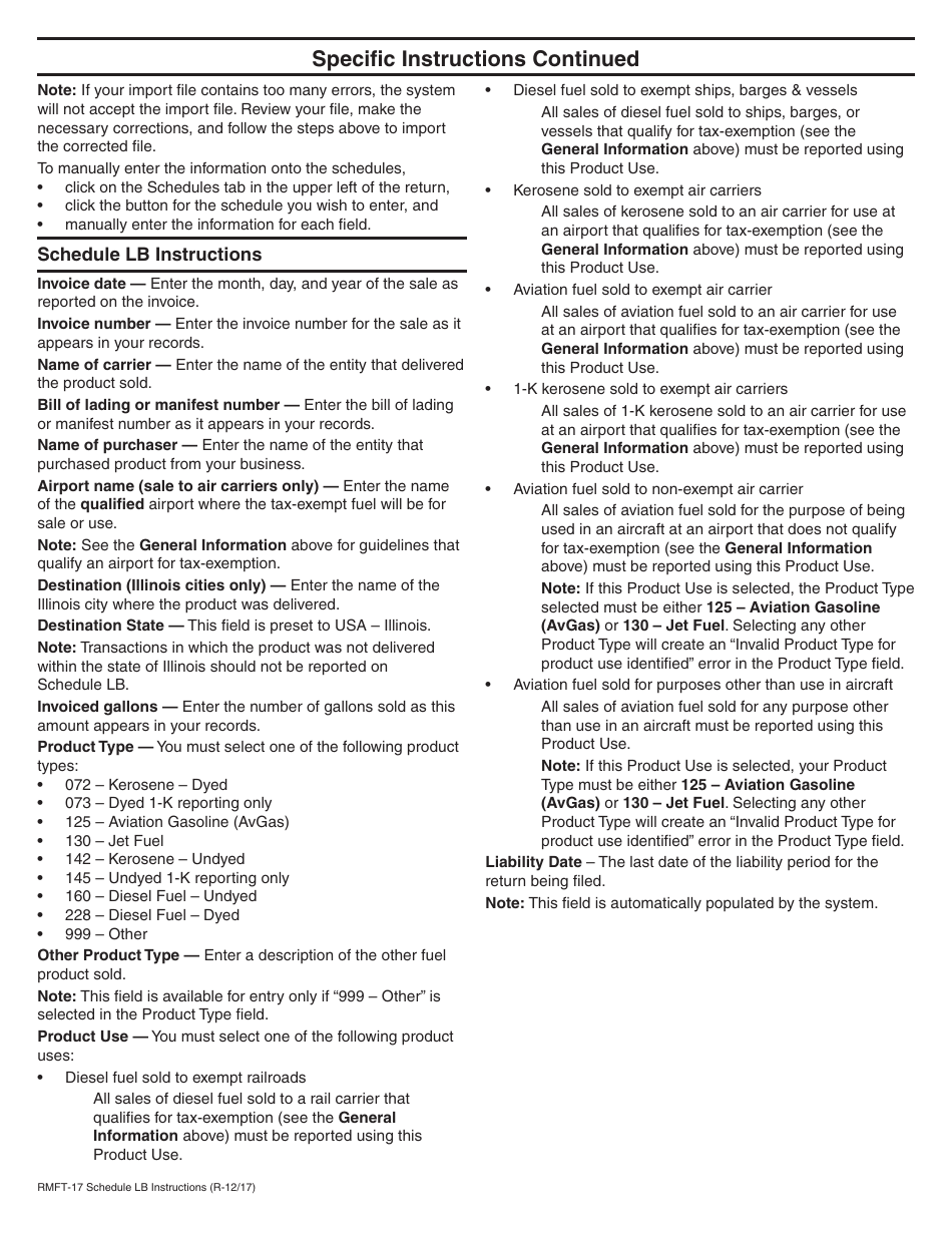 Instructions for Form RMFT-17 Schedule LB Ust / Eif Exempt Sales of Aviation Fuels, Kerosene, Diesel Fuel and Reporting of Non-exempt Aviation Fuel Sales - Illinois, Page 2