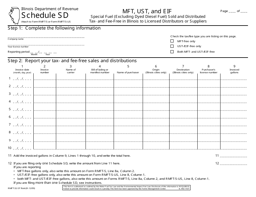 Form RMFT-32-SF Schedule SD Special Fuel (Excluding Dyed Diesel Fuel) Sold and Distributed Tax- and Fee-Free in Illinois to Licensed Distributors or Suppliers - Illinois
