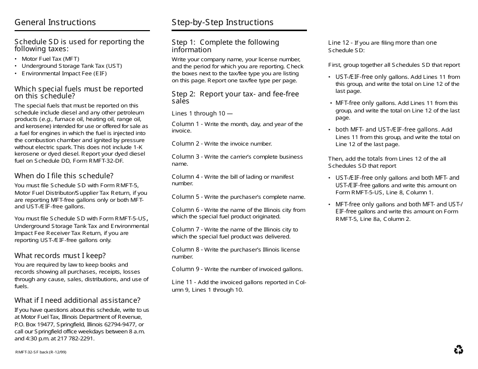 Form RMFT-32-SF Schedule SD Special Fuel (Excluding Dyed Diesel Fuel) Sold and Distributed Tax- and Fee-Free in Illinois to Licensed Distributors or Suppliers - Illinois, Page 2