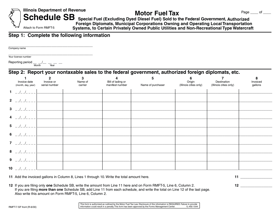 Form RMFT-7-SF Schedule SB Special Fuel (Excluding Dyed Diesel Fuel) Sold to the Federal Government, Authorized Foreign Diplomats, Municipal Corporations Owning and Operating Local Transportation Systems, to Certain Privately Owned Public Utilities and Non-recreational Type Watercraft - Illinois, Page 1