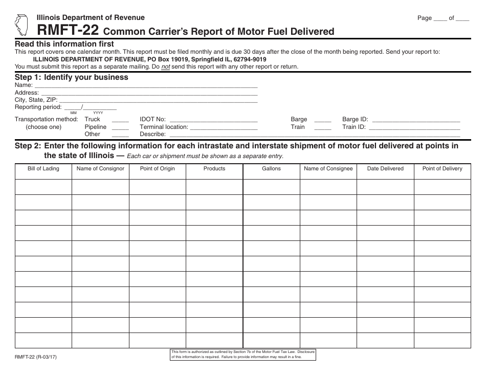 Form RMFT-22 Common Carriers Report of Motor Fuel Delivered - Illinois, Page 1