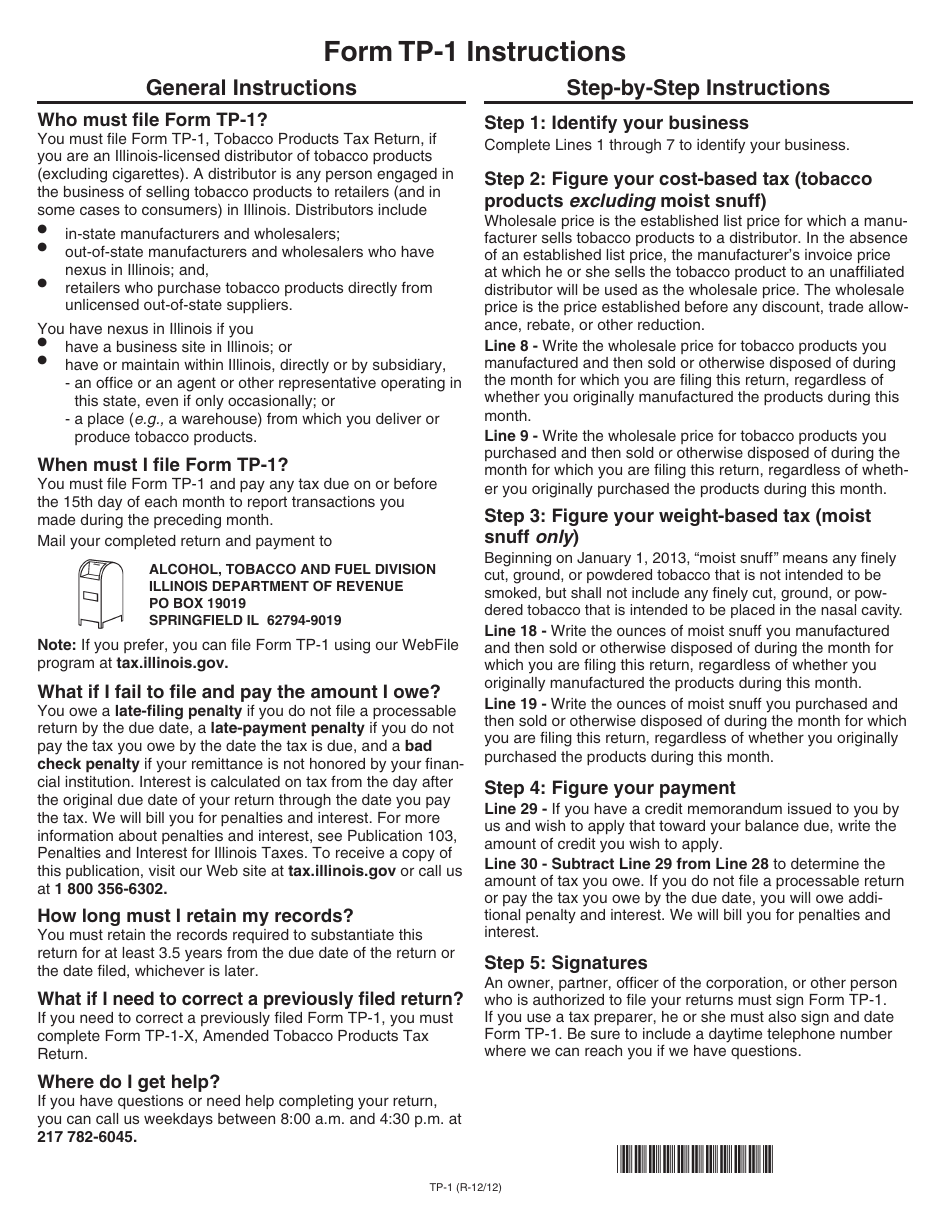 Instructions for Form TP-1 Tobacco Products Tax Return - Illinois, Page 1