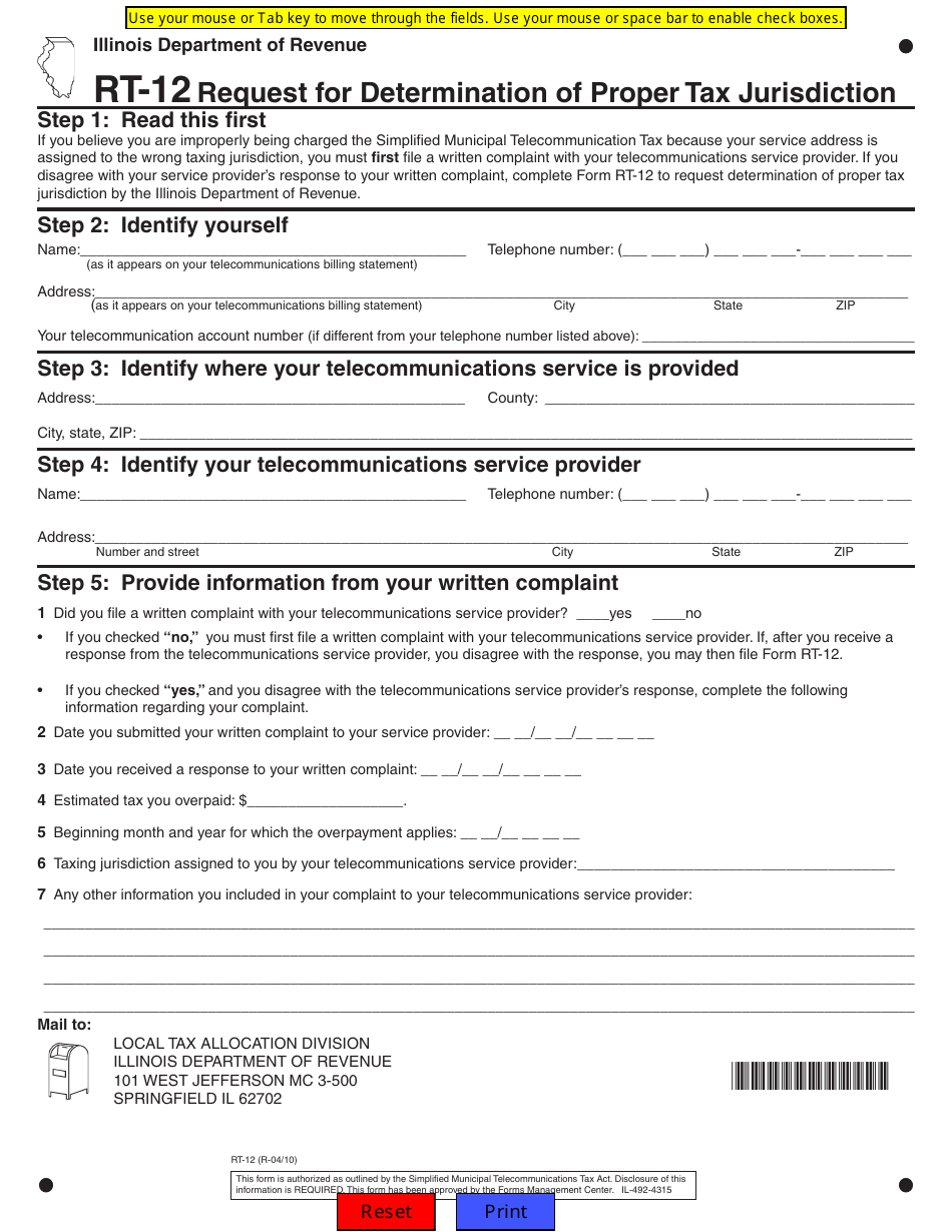 Form RT-12 Request for Determination of Proper Tax Jurisdiction - Illinois, Page 1
