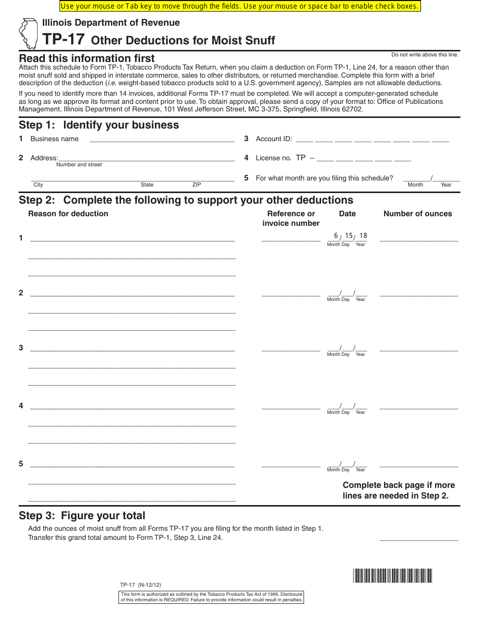 Form TP-17 Other Deductions for Moist Snuff - Illinois, Page 1