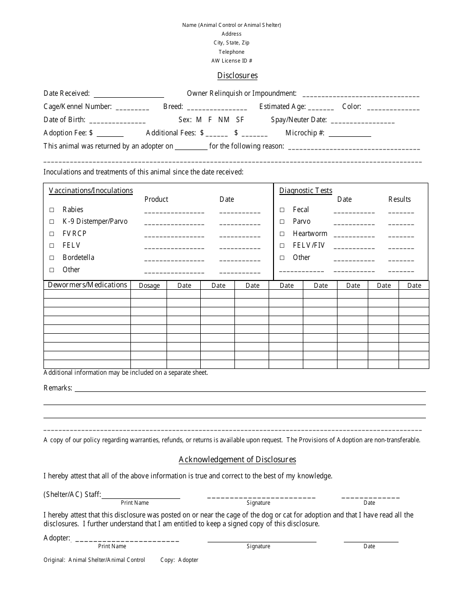 Disclosure Form for Animal Control and Animal Shelters - Illinois, Page 1