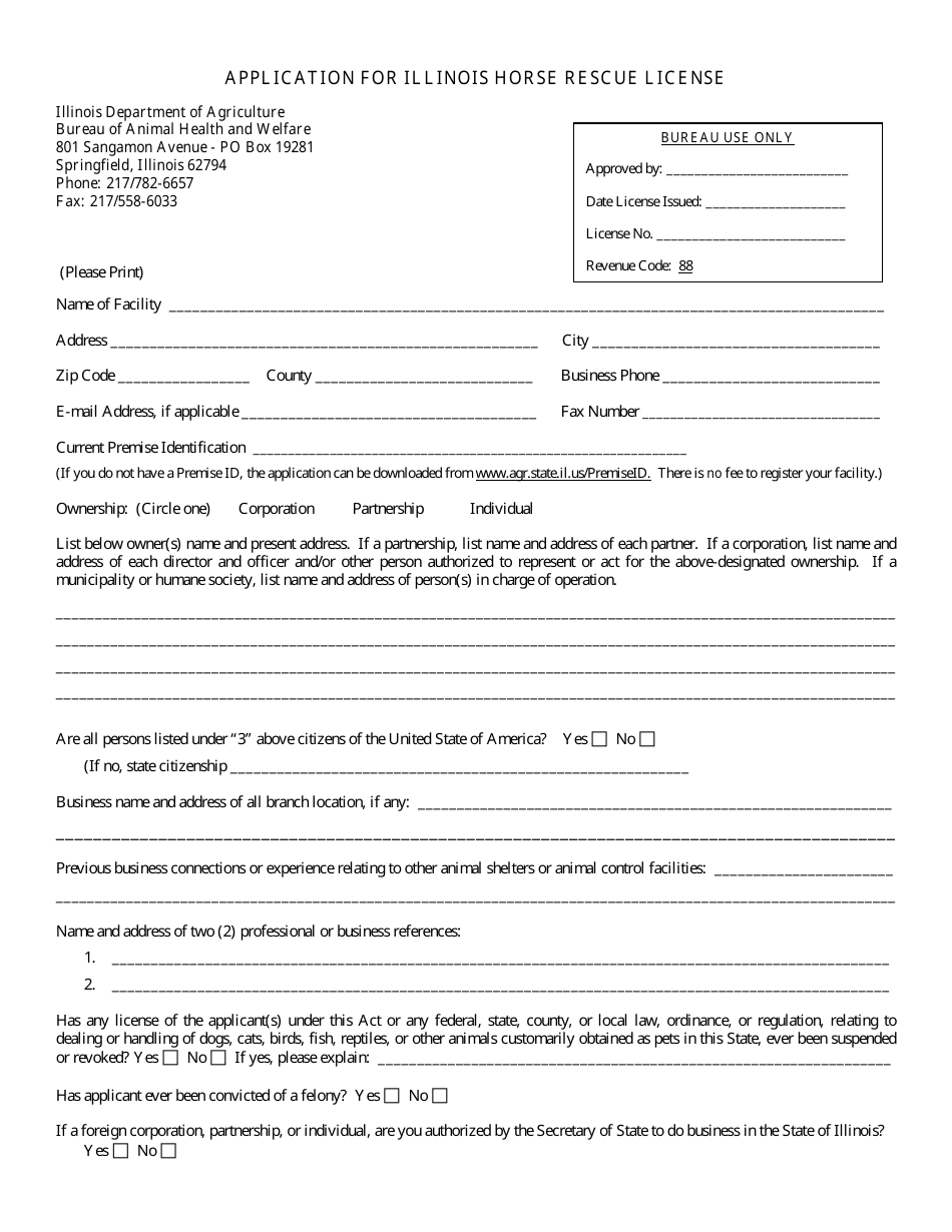 Application for Illinois Horse Rescue License - Illinois, Page 1