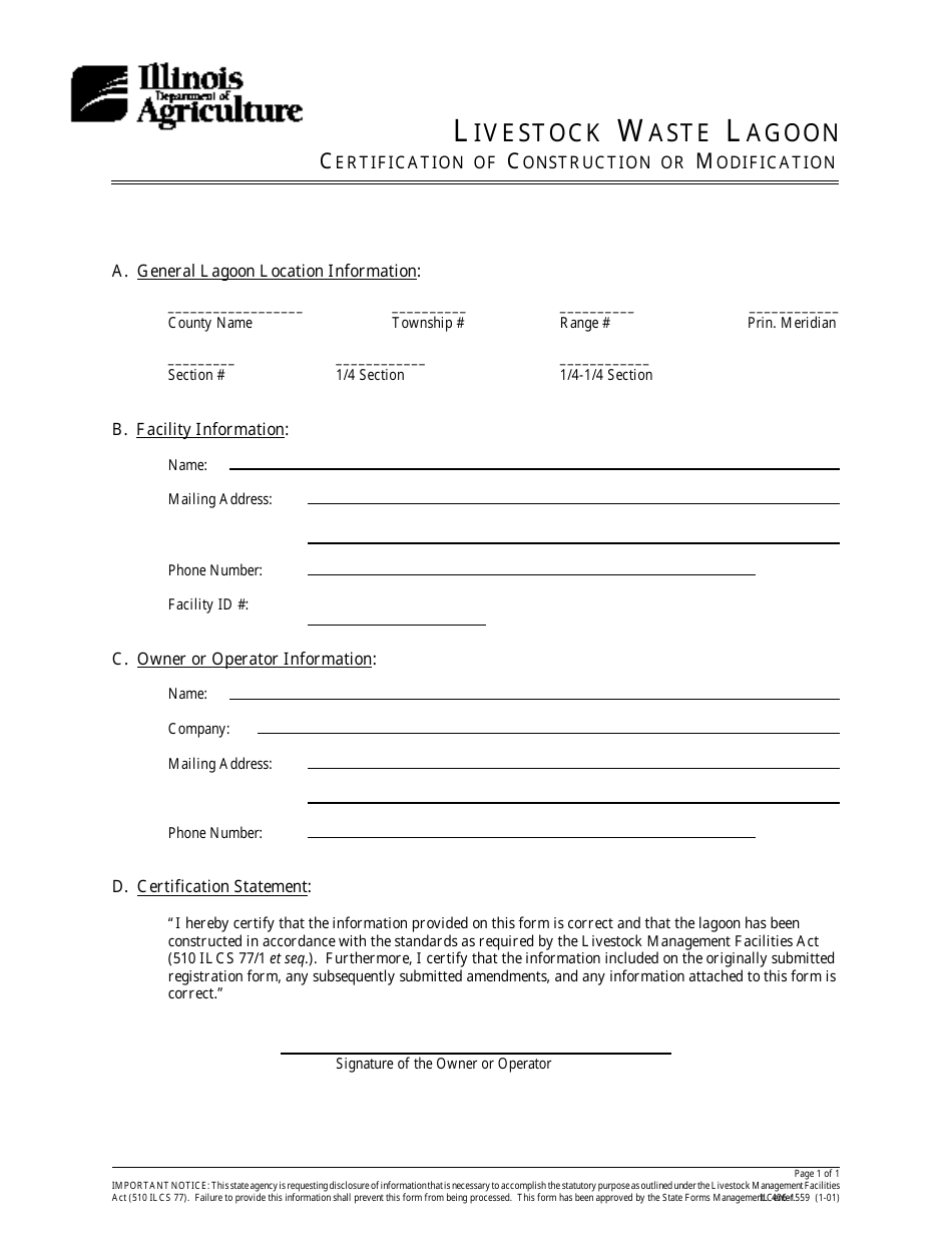 Form IL406-1559 Livestock Waste Lagoon Certification of Construction or Modification - Illinois, Page 1