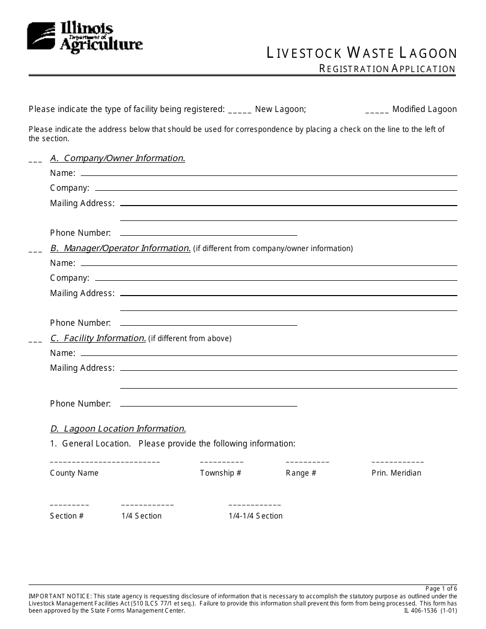 Form IL406-1536 Livestock Waste Lagoon Registration Application - Illinois, Page 1