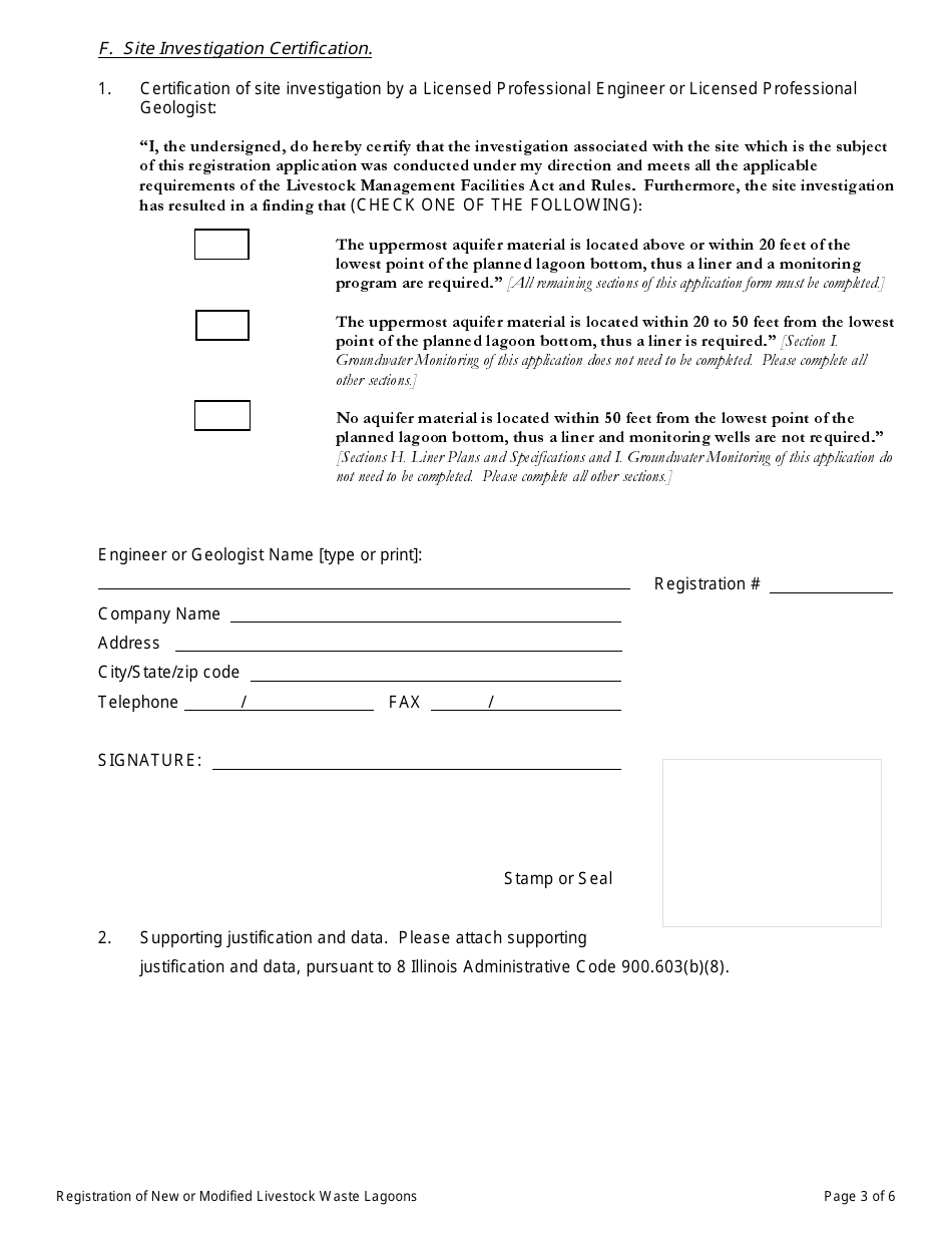 Form IL406-1536 Livestock Waste Lagoon Registration Application - Illinois, Page 3