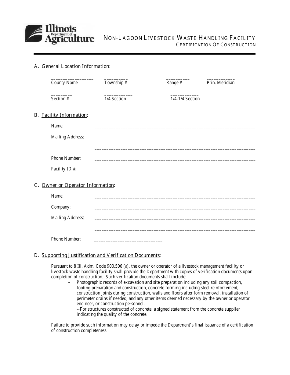 Form IL406-1624 Non-lagoon Livestock Waste Handling Facility Certification of Construction - Illinois, Page 1
