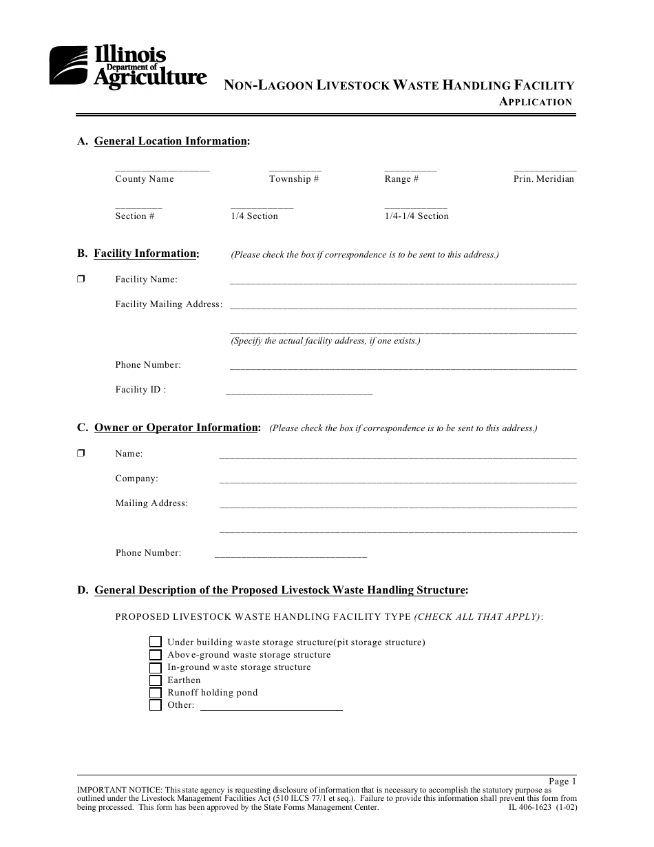 Form IL406-1623 Non-lagoon Livestock Waste Handling Facility Application - Illinois, Page 1