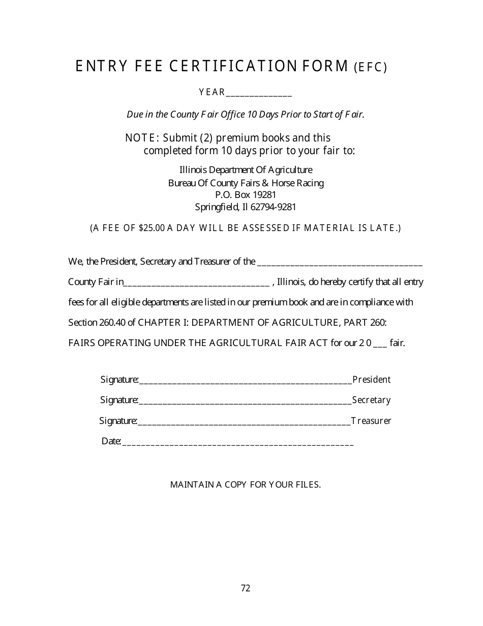Entry Fee Certification Form (Efc) - Illinois, Page 1