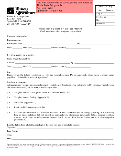 Form IL406-1691 Registration of Dealers of Halal Food Products - Illinois