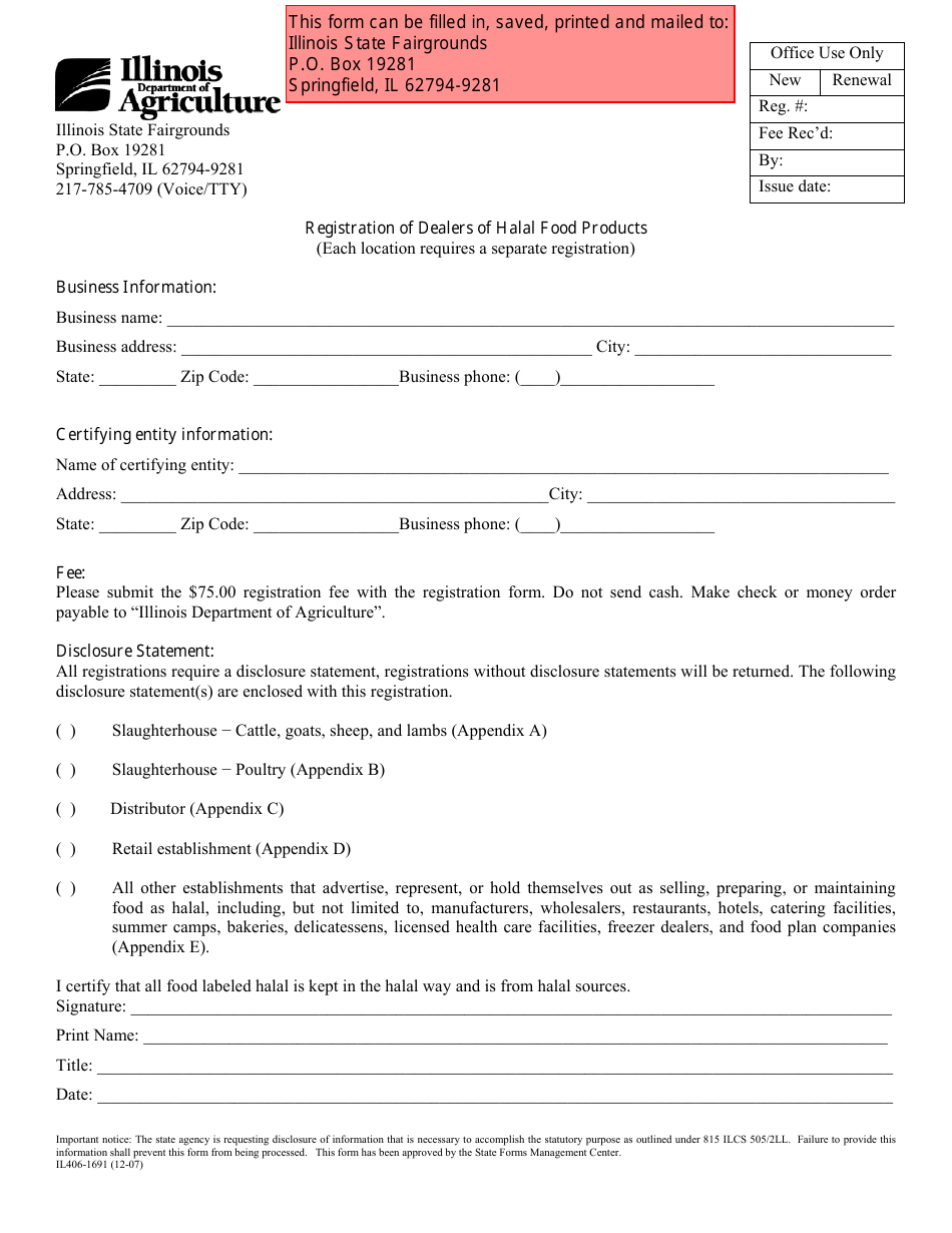 Form IL406-1691 Registration of Dealers of Halal Food Products - Illinois, Page 1
