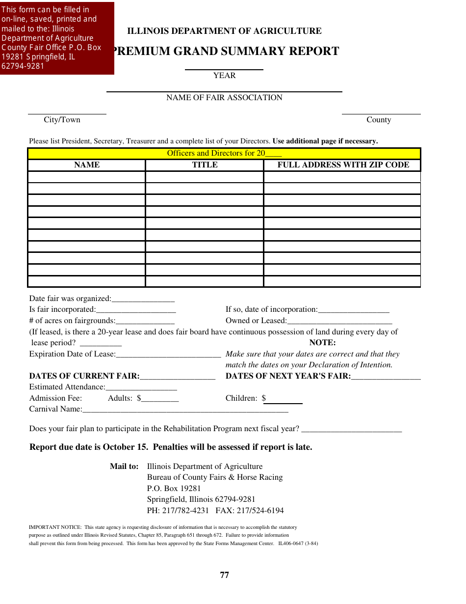 Form IL-406-0647 Premium Grand Summary Report - Illinois, Page 1
