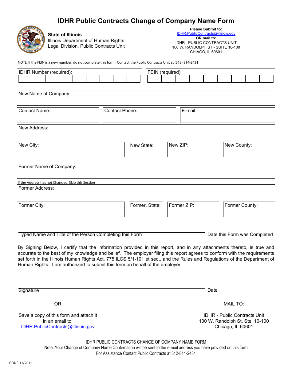 Form CONF Idhr Public Contracts Change of Company Name Form - Illinois, Page 1