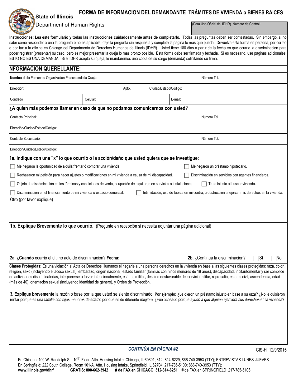 Formulario CIS-H Forma De Informacion Del Demandante Tramites De Vivienda O Bienes Raices - Illinois (Spanish), Page 1