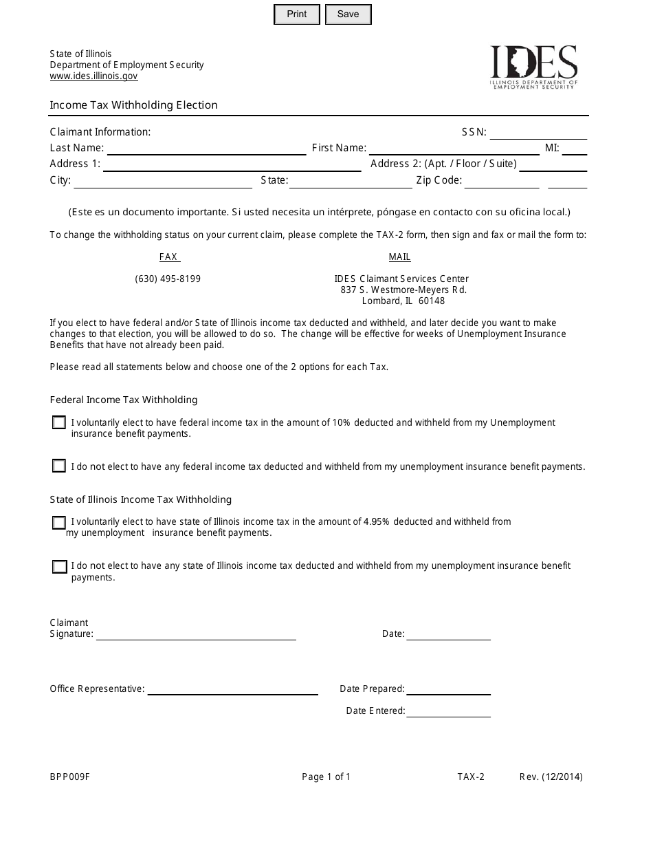 Form BPP009F (TAX-2) Income Tax Withholding Election - Illinois, Page 1