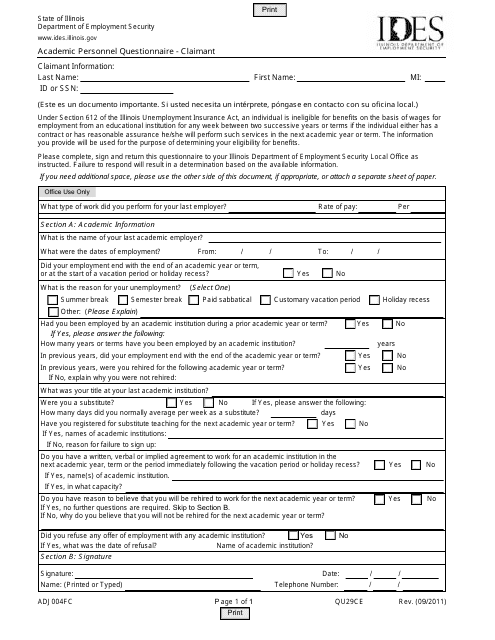 Form ADJ004FC Academic Personnel Questionnaire - Claimant - Illinois