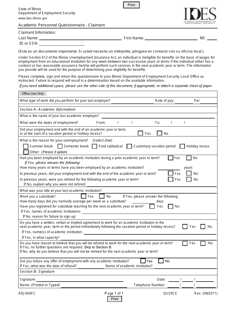 Form ADJ004FC Academic Personnel Questionnaire - Claimant - Illinois, Page 1