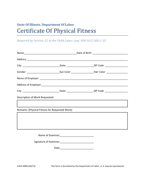 Form IL452-0099 Certificate of Physical Fitness - Illinois