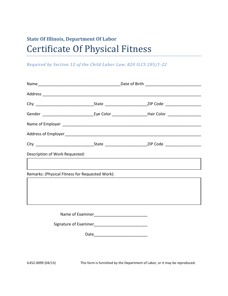 Form IL452-0099 Certificate of Physical Fitness - Illinois, Page 1