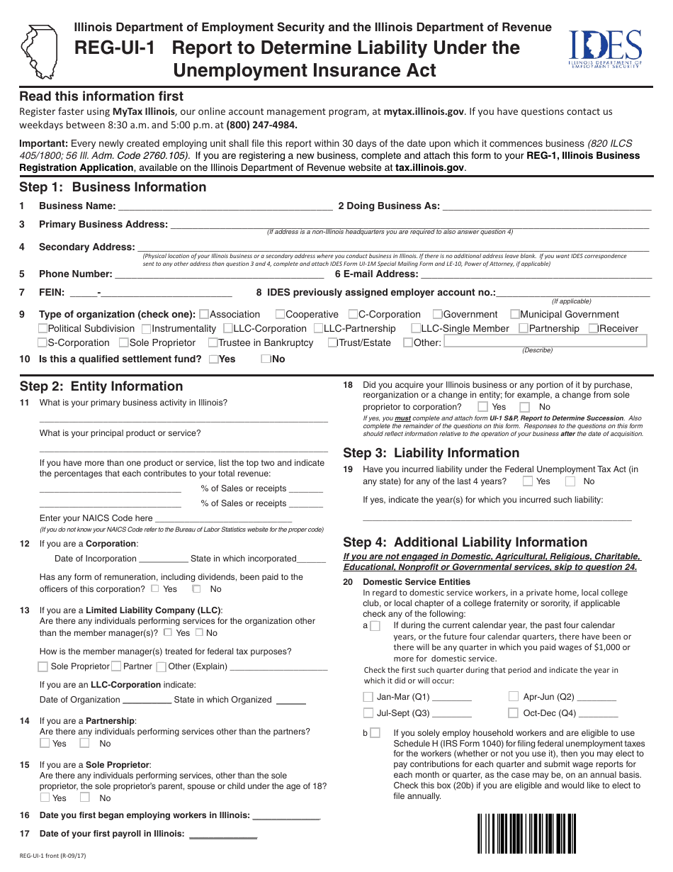 Form REG-UI-1 Report to Determine Liability Under the Unemployment Insurance Act - Illinois, Page 1