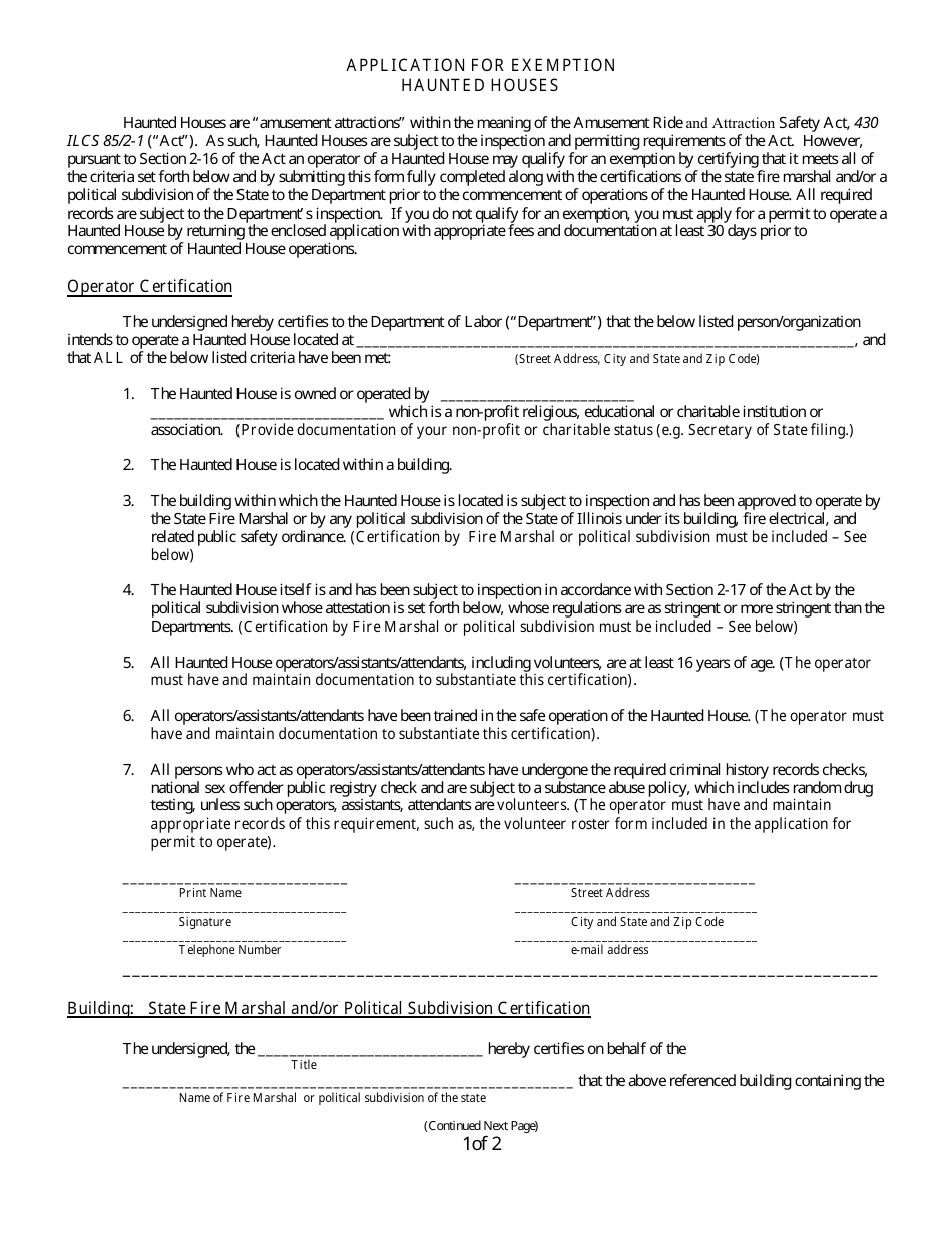 Application for Exemption Haunted Houses - Illinois, Page 1