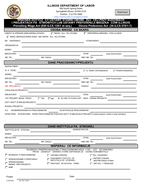 Form IL452CM04 Illinois Prevailing Wage Complaint Form - Illinois (Polish)