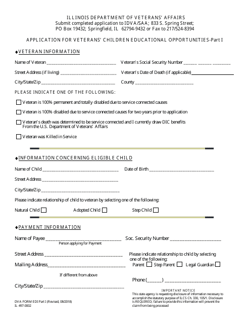 Form IL497-0002 Application for Veterans' Children Educational Opportunities - Illinois