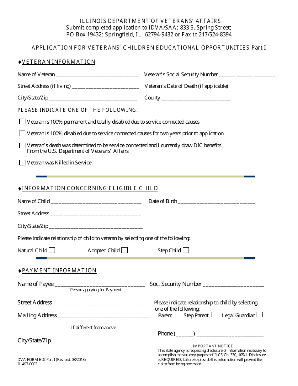 Form IL497-0002 Application for Veterans Children Educational Opportunities - Illinois, Page 1
