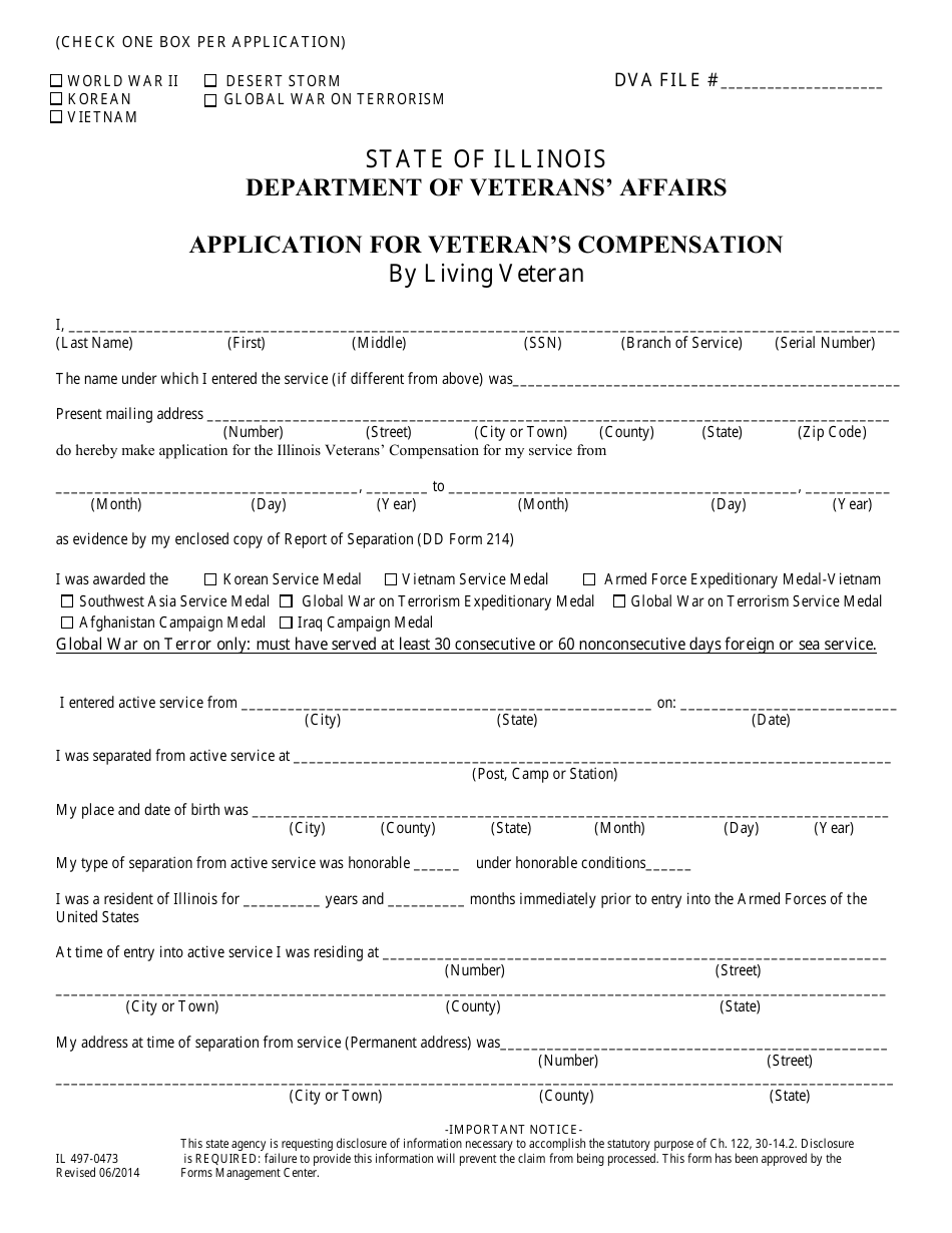Form IL497-0473 Application for Veterans Compensation by Living Veteran - Illinois, Page 1