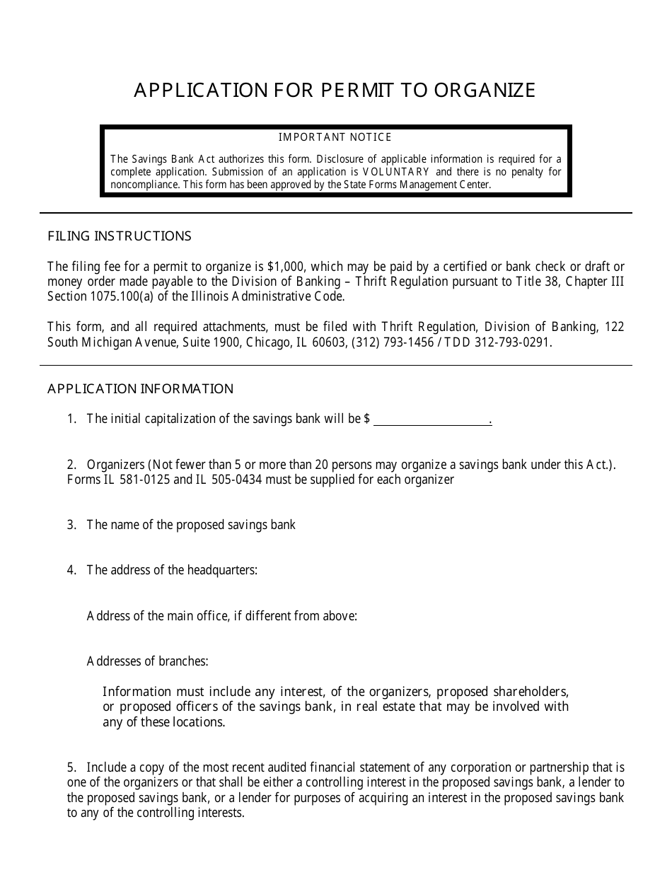 Form IL505-0381 Application for Permit to Organize - Illinois, Page 1