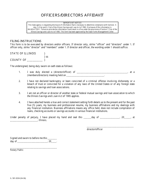 Form IL581-0034 Officers/Directors Affidavit - Illinois