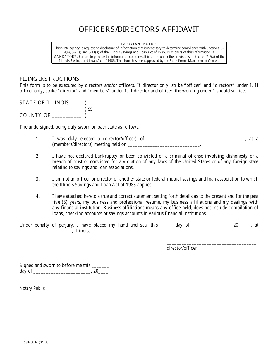 Form IL581-0034 Officers / Directors Affidavit - Illinois, Page 1