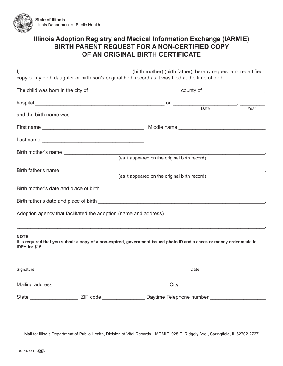 Form IOCI15-441 Birth Parent Request for a Non-certified Copy of an Original Birth Certificate - Illinois, Page 1