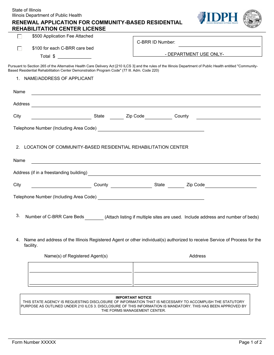 Form XXXXX Renewal Application for Community-Based Residential Rehabilitation Center License - Illinois, Page 1