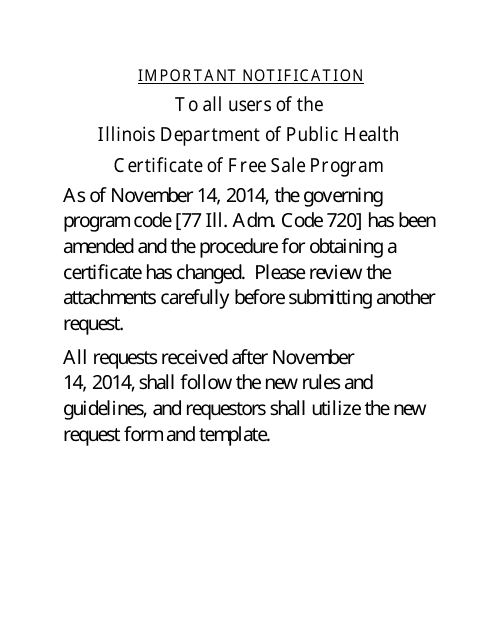 Certificate of Free Sale Request Form - Illinois Download Pdf