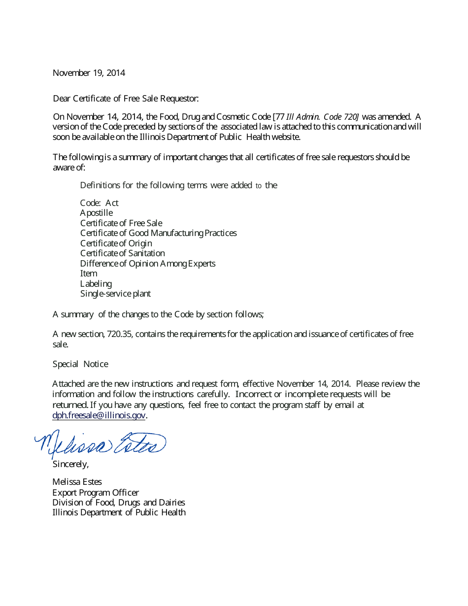 Certificate of Free Sale Request Form - Illinois, Page 2