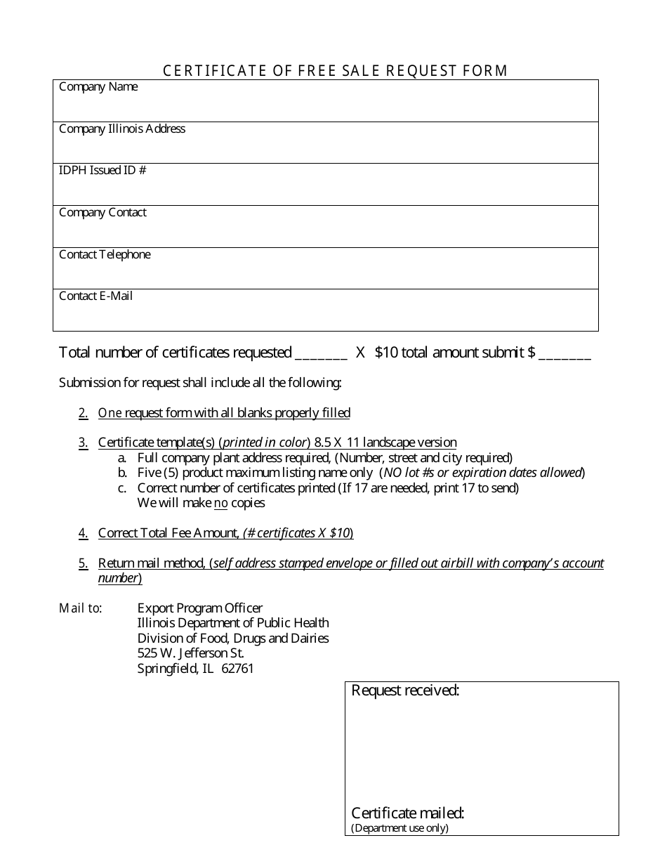 Certificate of Free Sale Request Form - Illinois, Page 9