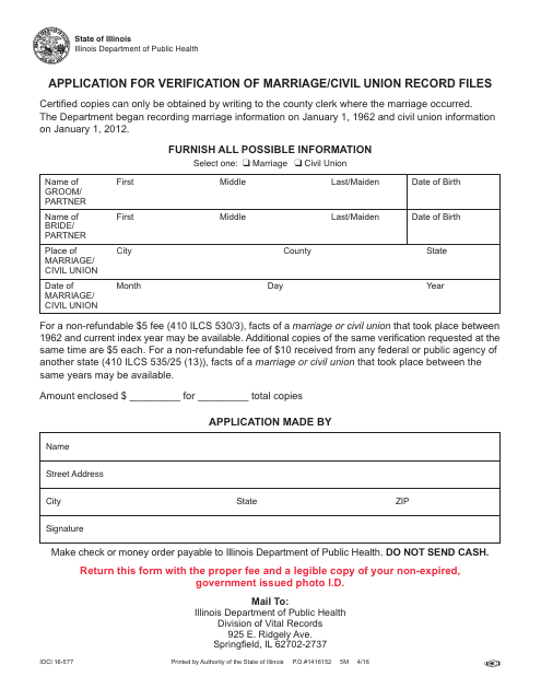 Form IOCI16-577 Application for Verification of Marriage/Civil Union Record Files - Illinois
