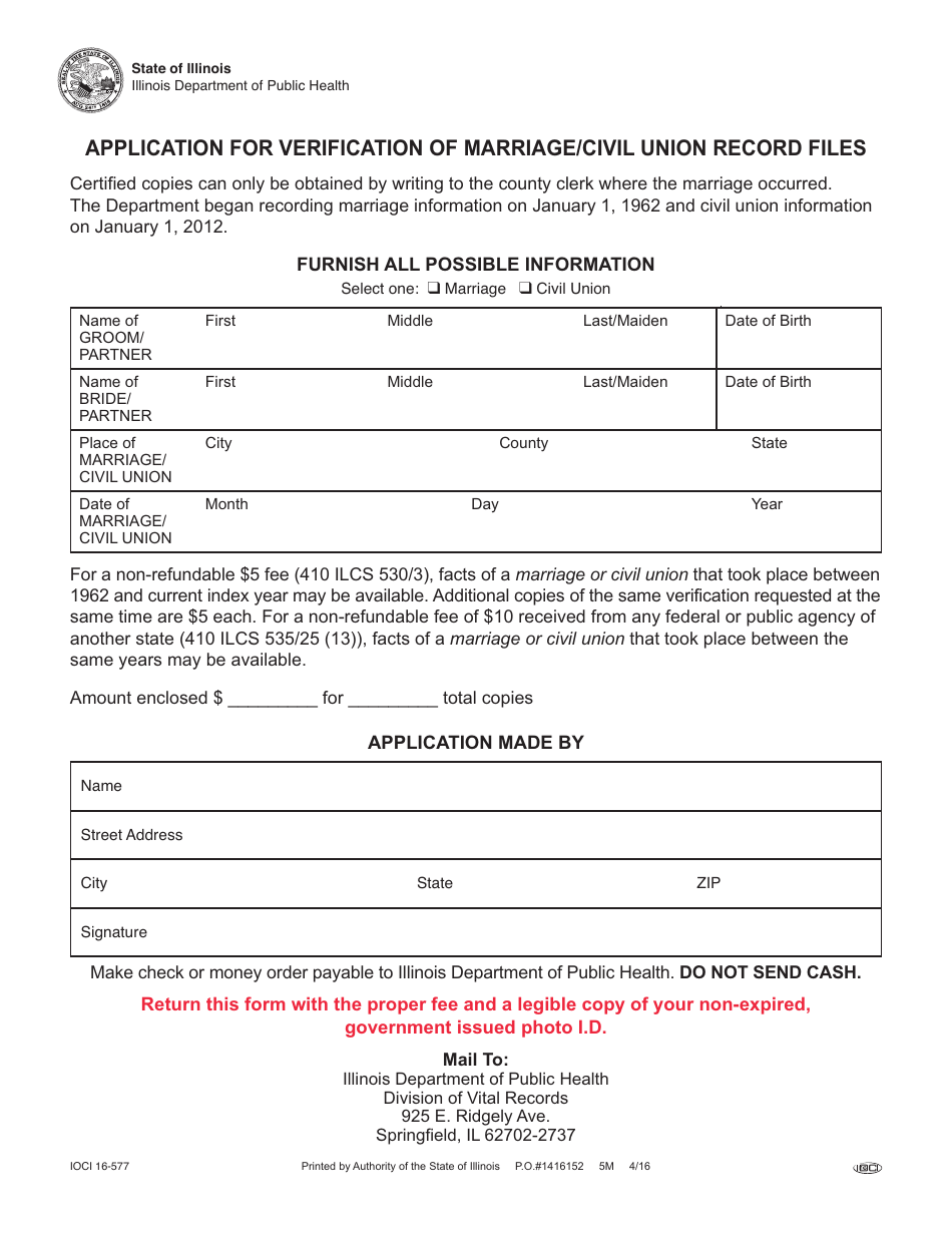 Form IOCI16-577 Application for Verification of Marriage / Civil Union Record Files - Illinois, Page 1