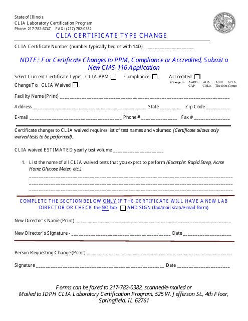 Clia Certificate Type Change Form - Illinois Download Pdf