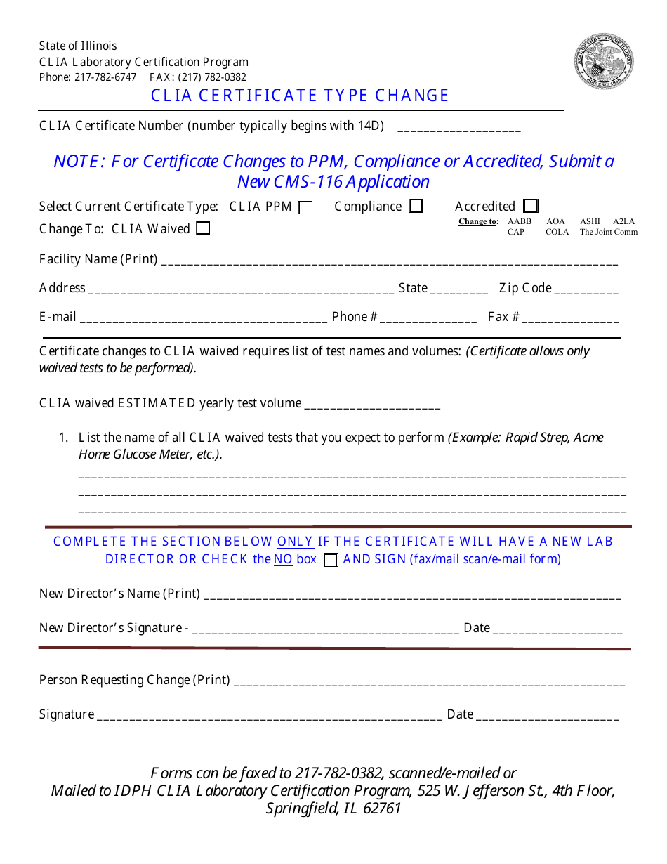 Clia Certificate Type Change Form - Illinois, Page 1