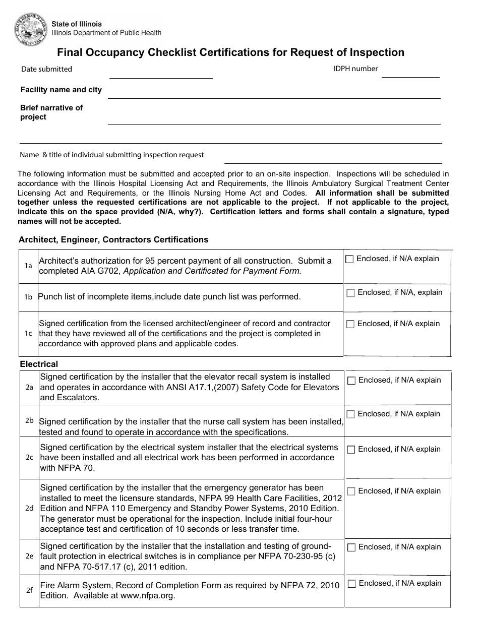 Form 482-0651 Final Occupancy Checklist Certifications for Request of Inspection - Illinois, Page 1
