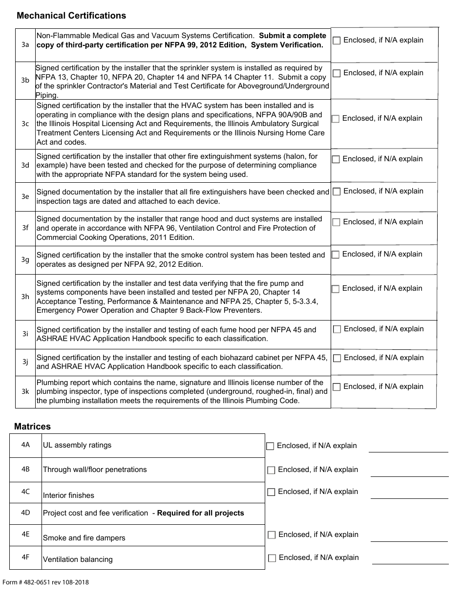 Form 482-0651 Final Occupancy Checklist Certifications for Request of Inspection - Illinois, Page 2