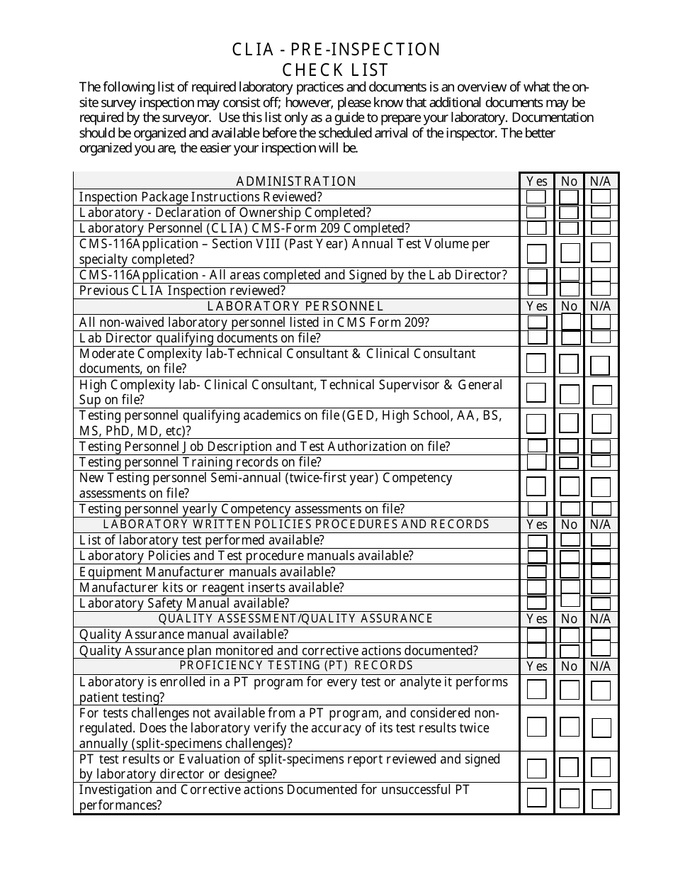 Illinois Clia Preinspection Check List Fill Out, Sign Online and Download PDF Templateroller