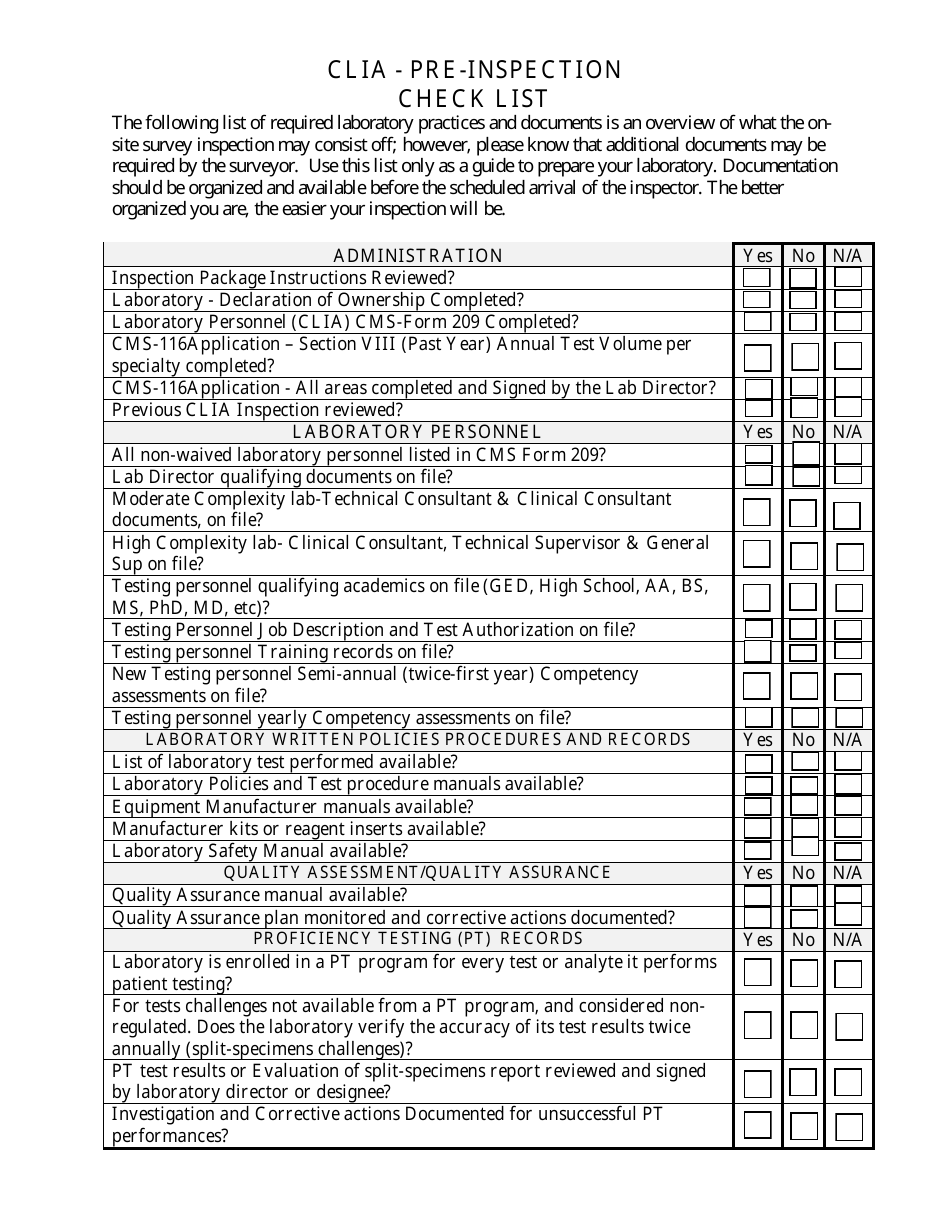 Clia - Pre-inspection Check List - Illinois, Page 1