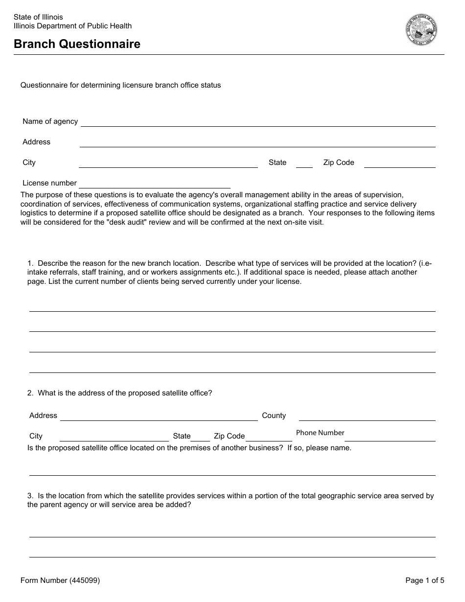 Form 445099 Branch Questionnaire - Illinois, Page 1