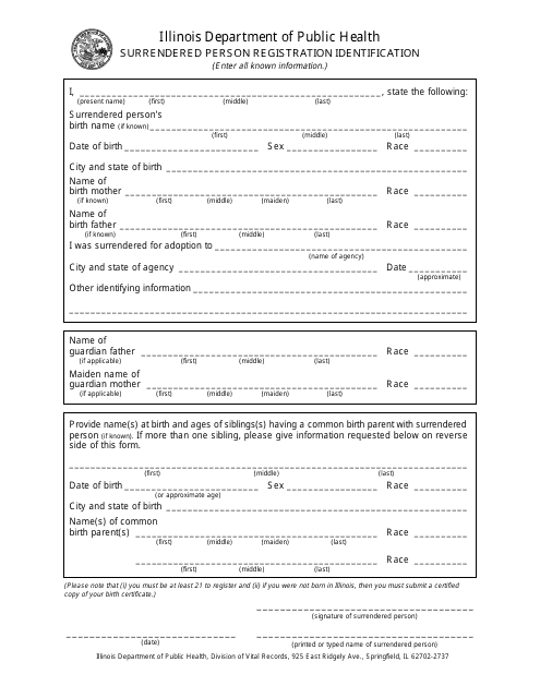 Surrendered Person Registration Identification Form - Illinois